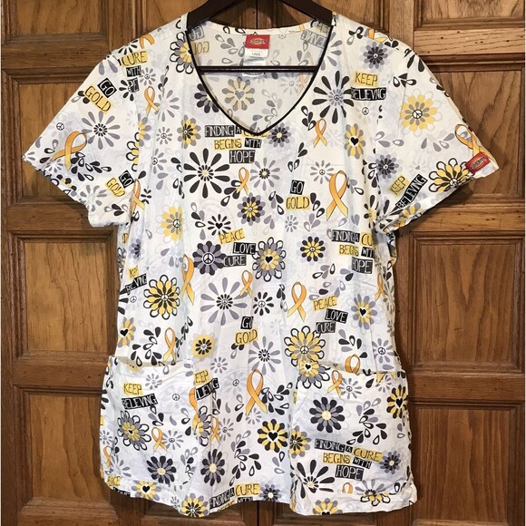 Dickies Cancer Cure Top Women's L Multicolor Cotton Poly  Pockets V-Neck Scrubs - Picture 1 of 11